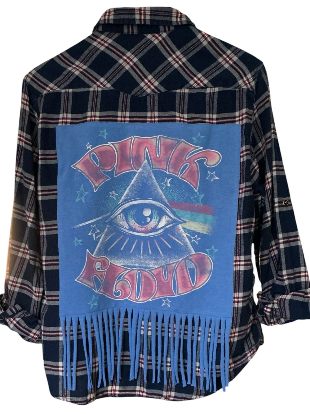 Pink Floyd Graphic Upcycled T Shirt Flannel Top Rock Band Fringe
